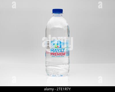 Hayat Premium water in a bottle. It is extracted and bottled from a source in Macedonia. The disposable plastic product is standing in a studio. Stock Photo