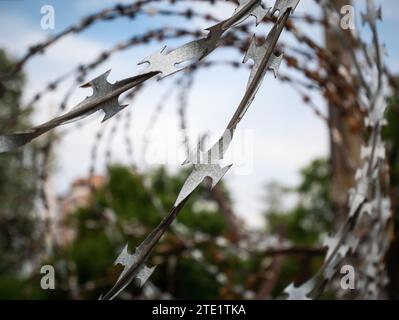 Close-up detail of a galvanized barbed wire fence. Stock Photo