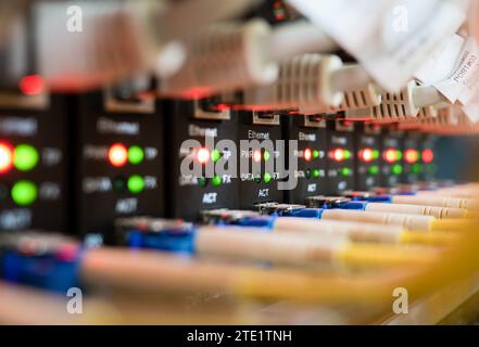 Close-up selective focus on network connection technology element with network switch, ethernet router, ethernet cables and status LED to show working Stock Photo