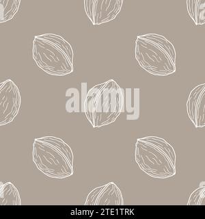 Pattern with white walnuts contour hand drawn on pastel brown background. Vector illustration Stock Vector