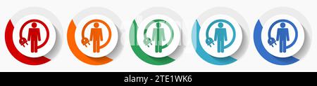Android charging wire, humanoid robot vector icon set, flat icons for logo design, webdesign and mobile applications, colorful round buttons Stock Vector