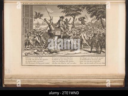 John Law on the donkey of Sancho Panza, 1720, 1720 Cartoon on John Law driving like a second Don Quixotte on the donkey of Sancho Panza, 1720. The devil lifts the tails of the donkey, so that actien are shed from the rear. The wind traders are moving the donkey towards the Quincampoix coffee house. Print in the bound first edition (304 B 11) of the great scene of foolishness with cartoons on the wind trade or action trade of 1720. Northern Netherlands paper etching  Coffee house Quincampoix Cartoon on John Law driving like a second Don Quixotte on the donkey of Sancho Panza, 1720. The devil li Stock Photo