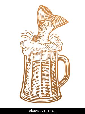 Mug of Beer and fish tail. Alcoholic drink, pub vector illustration Stock Vector