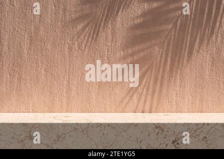 Light pink colored marble rectangle table podium or showcase with textured stucco wall background. Mock up template for product display or placement. Stock Photo
