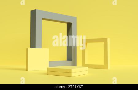 Abstract minimal scene with square shaped geometric forms on yellow background. Frames, podiums or platforms in yellow and gray color. Mockup template Stock Photo