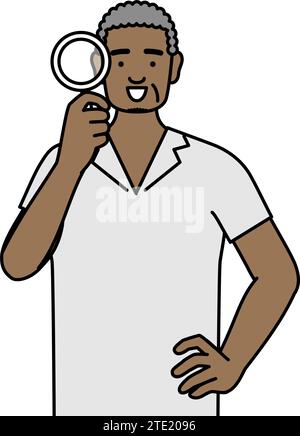 African senior man looking through magnifying glasses, Vector Illustration Stock Vector