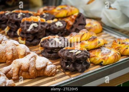Viennese Waffle with chocolate topping in a bakery window. Stock Photo