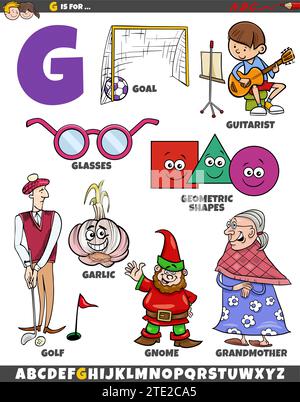 Cartoon illustration of objects and characters set for letter G Stock Vector