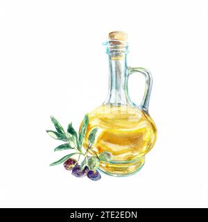 Olive oil in glass bottle with olives. Hand drawn watercolor ...