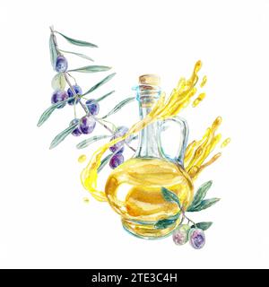 watercolor olive oil in glass bottle with branch of green olives with ...