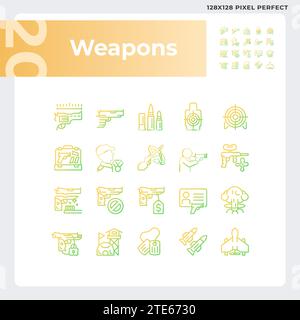 2D pixel perfect thin line gradient weapons icons collection Stock Vector