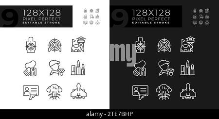 2D editable light and dark pixel perfect weapons icons set Stock Vector
