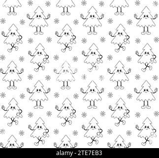 Vector seamless pattern of groovy retro cartoon Christmas tree isolated on white background Stock Vector