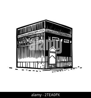 Holy Kaaba in Mecca Saudi Arabia, Greeting card for Ramadan Kareem. Vector illustration, hand drawn, sketch Stock Vector