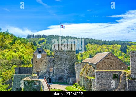 Bouillon Castle (French: Château de Bouillon) is a medieval castle located in Wallonia in the town of Bouillon in the province of Luxembourg, Belgium Stock Photo