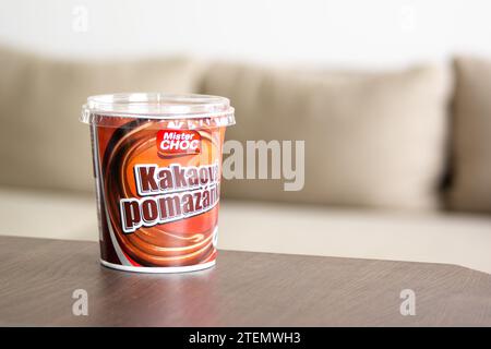 OSTRAVA, CZECH REPUBLIC - JUNE 21, 2023: Jar of Cocoa spread made by Mister Choc in kitchen Stock Photo