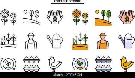 Vector set of logos, badges and icons set for natural farm and health products. Editable stroke. Farmer color icons set. Outline set of farmer vector Stock Vector