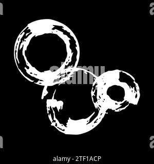 Hand painted grunge circles. White round blobs hand drawn with ink brush on black background. Vector illustration Stock Vector