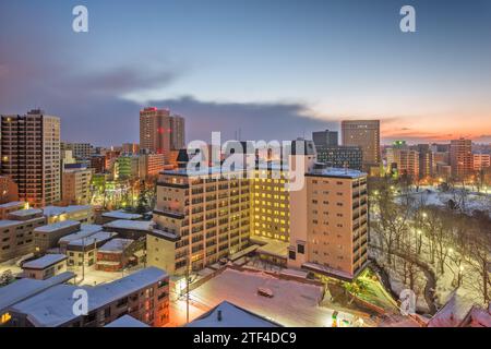 Wintery city skyline in Sapporo, Japan  over looking Nakajima Park at dawn. Stock Photo