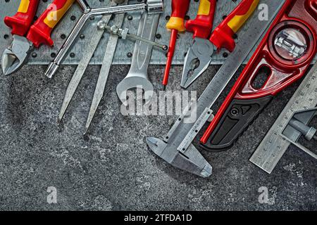 Working Tools Set On Dark Background Stock Photo