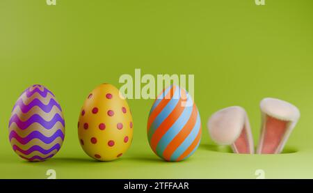 Bunny hunts for painted Easter eggs. 3D rendering Stock Photo