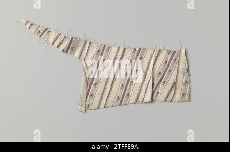 Excerpt striped multi -colored silk tissue with flower branches., Anonymous, 1700 - 1799 Fragment multicolored silk tissue. The pattern has straight and zigzagging stripes in red and white. The straight, white stripes have flower branches in red and green. France (possibly) silk Fragment multicolored silk tissue. The pattern has straight and zigzagging stripes in red and white. The straight, white stripes have flower branches in red and green. France (possibly) silk Stock Photo