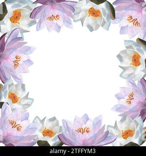 Horizontal frame with delicate watercolor violet white waterlilies Floral clipart for postcards, decoration, posters, ads,frameworks, Women's day 2024 Stock Photo