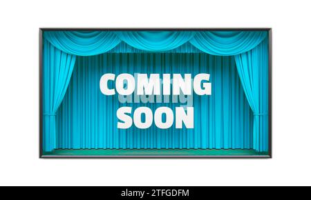 Coming Soon poster. White letters, stage curtains revealing a message. Cable tv show advertisement, blockbuster movie premiere, party invitation poste Stock Photo