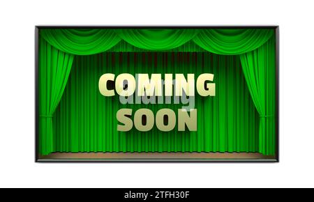 Coming Soon poster. Golden letters, stage curtains revealing a message. Cable tv show advertisement, blockbuster movie premiere, party invitation post Stock Photo