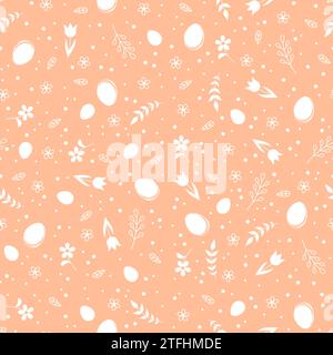 Easter seamless pattern with white flowers, Easter eggs and branches on a peach background. Vector illustration Stock Vector