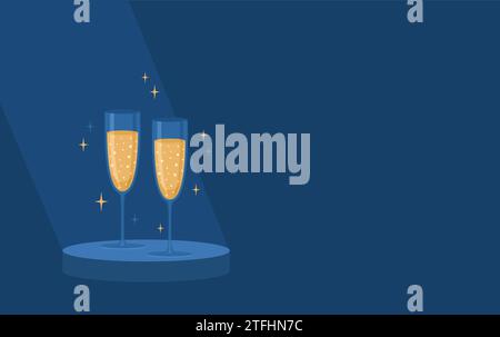 Two glasses of champagne or sparkling wine on pedestal under spotlight on blue background with copy space. Flat vector illustration Stock Vector