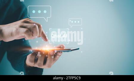 Human using smartphone for digital chatbot, chat Ai, robot application, conversation assistant, AI Artificial Intelligence concept, digital chatbot on Stock Photo