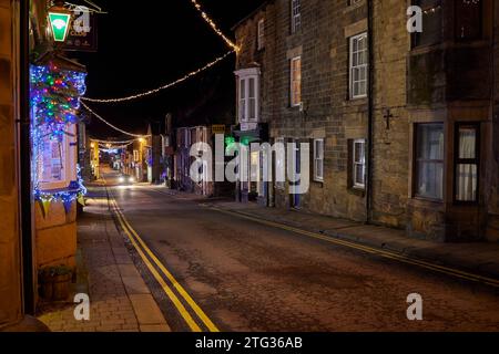 Evening Christmas decorations in Pateley Bridge. North Yorkshire.UK Stock Photo