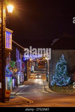 Evening Christmas decorations in Pateley Bridge. North Yorkshire.UK Stock Photo
