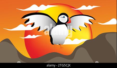 Sea Parrot with Wings Spread at Sunset Stock Vector