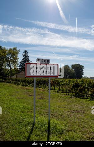 City road sign Lalande de Pomerol near Saint-Emilion wine making region, growing of Merlot or Cabernet Sauvignon red wine grapes, France, Bordeaux in Stock Photo