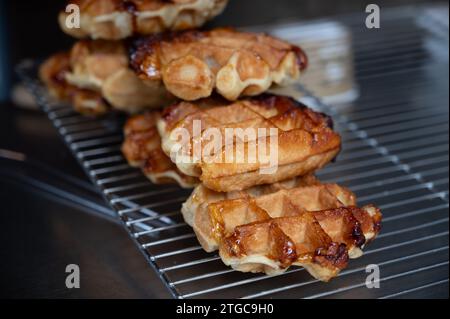 Eating of fresh baked hot Belgian sugar waffles, street food in Bruges, Brussels, Belgium Stock Photo