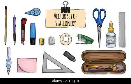Vector set of stationery accessories for office, school, study and work. Isolated objects for design Stock Vector