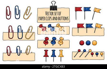 Vector set of colored paper clips, buttons and fasteners for papers and stationery. Stock Vector
