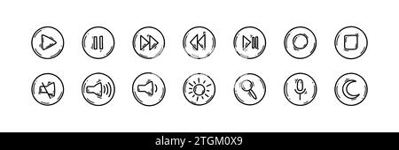 Doodle computer interface play, stop, forward, rewind, brightness, mute, sleeping mode buttons. Graphic and ui design elements. Hand drawn sketch game Stock Vector