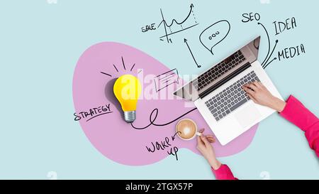 Creative Workplace With Strategy, Laptop, Yellow Light Bulb And Plan, Top View. Successful Business Girl Works On A Laptop And Drinks Coffee, Concept. Stock Photo