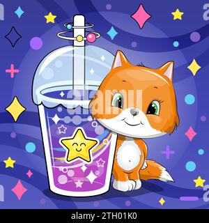 Cute cartoon fox with a big star drink. Vector illustration of an animal and a cup of colorful water on a dark blue background with stars and dots. Stock Vector