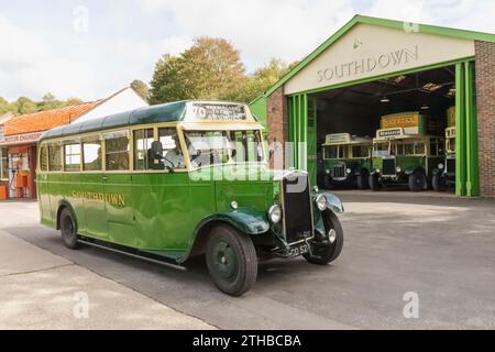 England, West Sussex, Arundel, Amberley Museum and Heritage Centre, Vintage Southdown Transport Company Green Buses Stock Photo