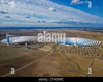 Aerial view of the Solar Power Towers PS10 and PS20 in Sanlúcar la Mayor, Seville. Spain's stunning solar energy plant. Concentrated solar power plant Stock Photo