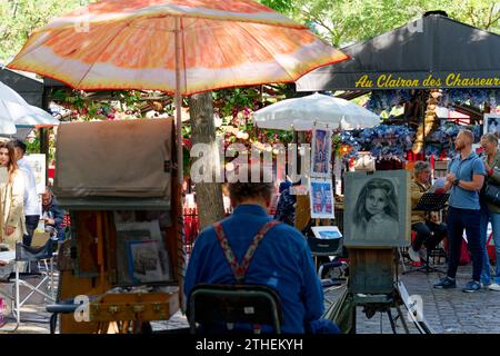 Paris, France: Place du Tertre: An Artists' Square in the Heart of Montmartre. Arts and cultural places. Street artists and street art fair. Stock Photo