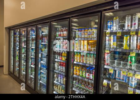 Close-up view of refrigerated beverage shelves in a CVS store. Miami Beach. USA. Stock Photo