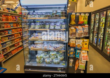 Close-up view of a refrigerated shelf for fresh salads and sandwiches in a CVS store. Miami Beach. USA. Stock Photo