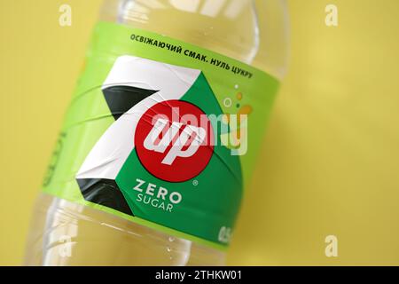 KYIV, UKRAINE - OCTOBER 31, 2023 7up 0,5 liter zero sugar plastic bottle. Seven up owned by Keurig Dr Pepper although the beverage is internationally distributed by PepsiCo Stock Photo