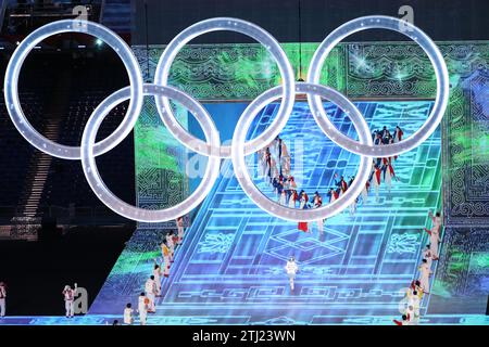 FEB 4, 2022 - Beijing, China: Tessa Worley and Kevin Rolland are the flag bearers of Team France during the Parade of Nations in the Opening Ceremony Stock Photo