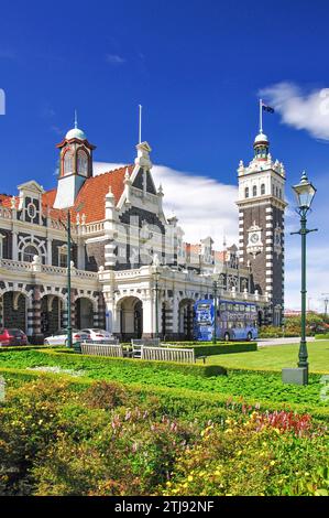 Dunedin Railway Station from Anzac Square Gardens, Dunedin, Otago, South Island, New Zealand Stock Photo